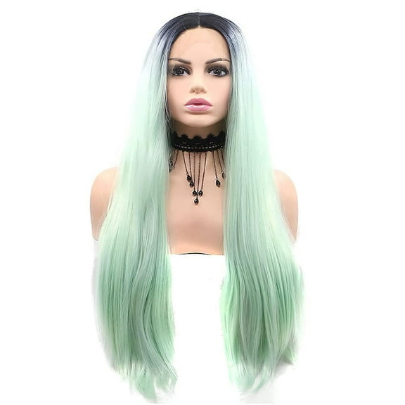 Gorgeous Lace Front Wig With Dark Brown Roots Long Natural Hair Heat Resistant Synthetic for Fashion Girls Women Daily Style 24 Inch (Silver&Bule)