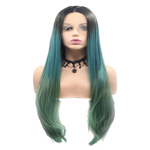 Gorgeous Lace Front Wig With Dark Brown Roots Long Natural Hair Heat Resistant Synthetic for Fashion Girls Women Daily Style 24 Inch (Silver&Bule)