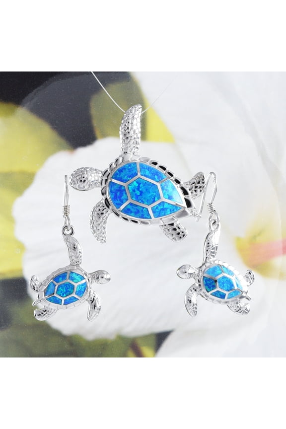 Gorgeous Large Hawaiian Sea Turtle Earring and Necklace, Sterling Silver Blue Opal Turtle Pendant, N6023S Birthday Mom Wife Christmas Gift