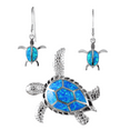 thumbnail image 1 of Gorgeous Large Hawaiian Sea Turtle Earring and Necklace, Sterling Silver Blue Opal Turtle Pendant, N6023SH Birthday Gift, 1 of 3