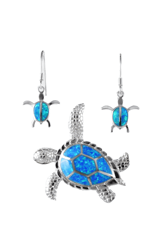 Gorgeous Large Hawaiian Sea Turtle Earring and Necklace, Sterling Silver Blue Opal Turtle Pendant, N6023SH Birthday Gift