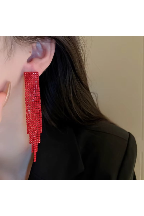 Long Red Tassel Earrings Sparkling Ruby Crystal Fringe Drop Fashion Statement Jewelry
