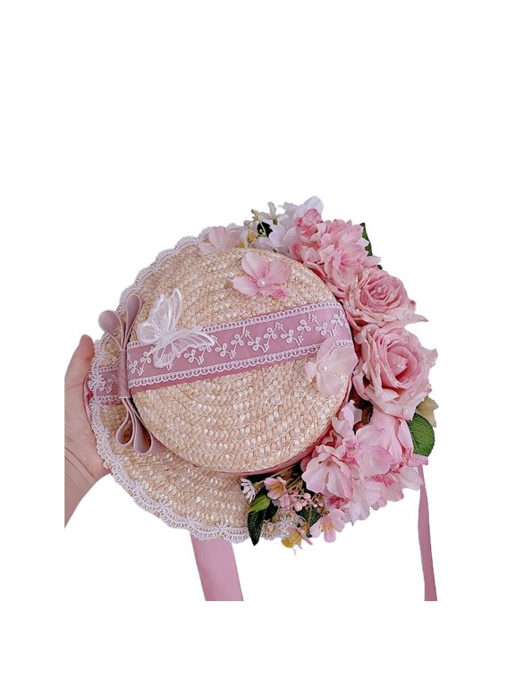 Gorgeous Lolita Straw Hat with Pink Rose for Tea Party Chic and Elegant French Country Hat