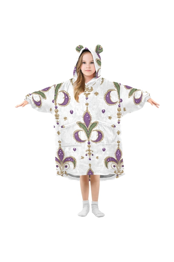 Gorgeous Mardi-gras Floral Patterns Flannel Wearable Blankets Hooded Design Long Sleeves Wrap Unisex for 3T-14Y L