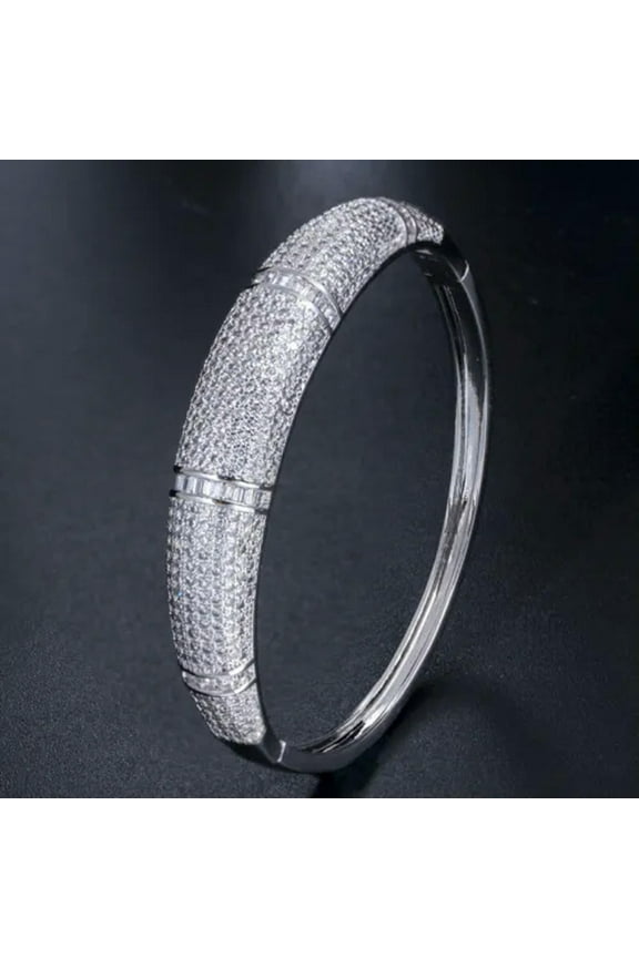 Gorgeous Micro Pave CZ White Gold Plated Big Bridal Pageant Open Cuff Bangle