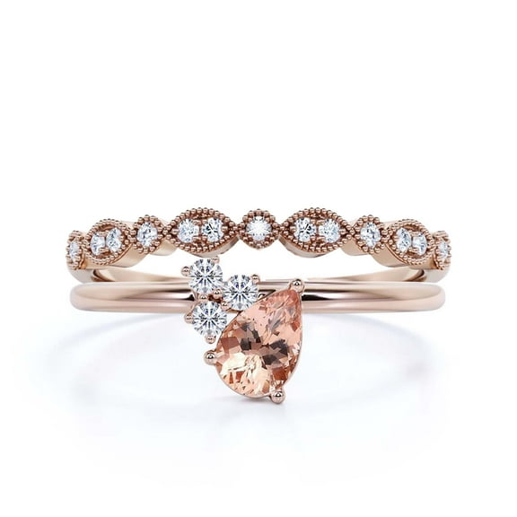 Gorgeous Minimalist 1.65 Carat Pear Cut Classic Morganite And Diamond Moissanite Engagement Ring, Wedding Ring, One Matching Band in 925 Sterling Silver With 18k Rose Gold Plating, Gift For Her