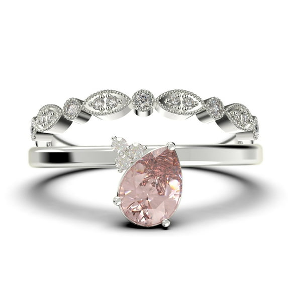 Gorgeous Minimalist 1.65 Carat Pear Cut Classic Morganite And Diamond Moissanite Engagement Ring, Wedding Ring, One Matching Band In 10K Solid White Gold, Gift For Her, Promise Ring, Anniversary Gift