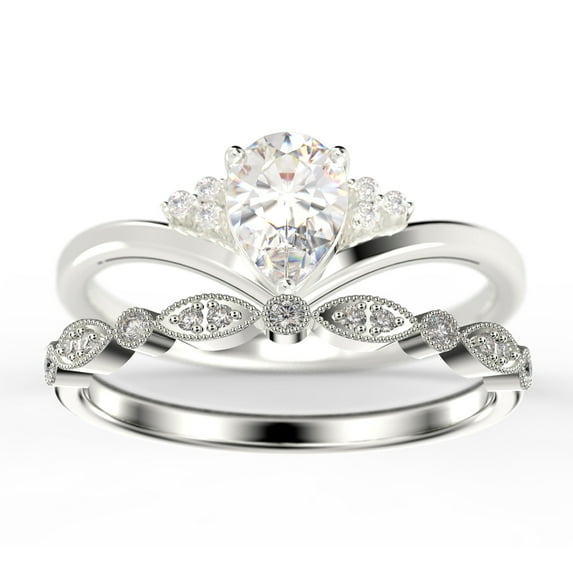 Gorgeous Minimalist 1.75 Carat Pear Cut Diamond Moissanite Unique Engagement Ring, Affordable Wedding Ring, One Matching Band in 10k Solid White Gold Gift For Her Love, Bridal Ring Set