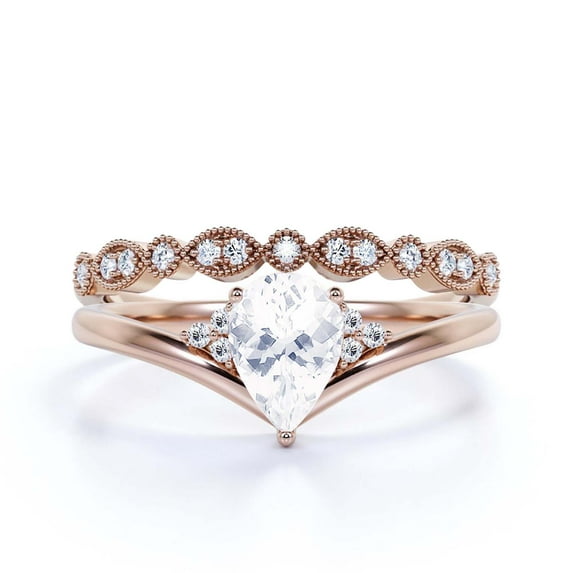 Gorgeous Minimalist 1.75 Carat Pear Cut Diamond Moissanite Unique Engagement Ring, Affordable Wedding Ring, One Matching Band in 925 Sterling Silver With 18k Rose Gold Plating Gift For Her Love