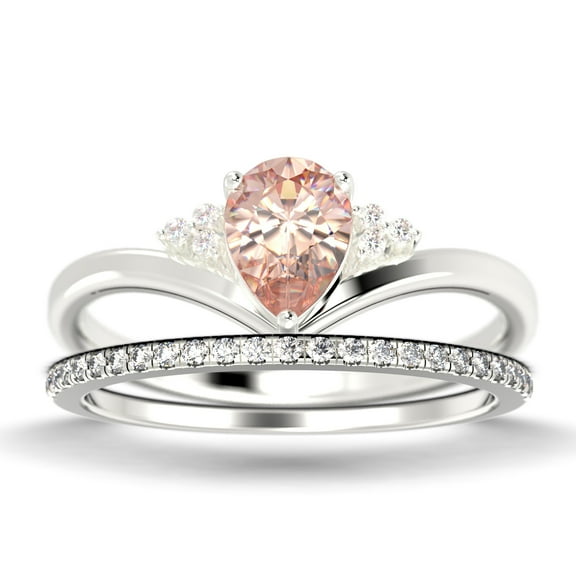 Gorgeous Minimalist 1.75 Carat Pear Cut Morganite And Diamond Moissanite Unique Engagement Ring, Affordable Wedding Ring, One Matching Band in 10k Solid White Gold Gift For Her Love, Bridal Ring Set