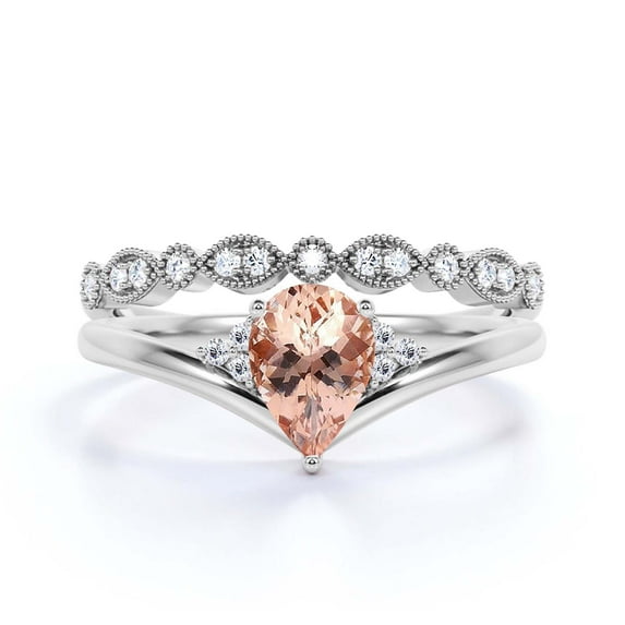 Gorgeous Minimalist 1.75 Carat Pear Cut Morganite And Diamond Moissanite Unique Engagement Ring, Affordable Wedding Ring, One Matching Band in 925 Sterling Silver With 18k White Gold Plating