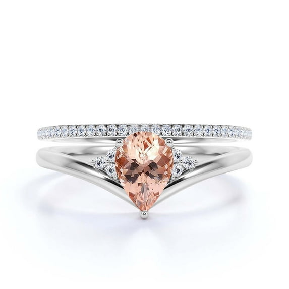 Gorgeous Minimalist 1.75 Carat Pear Cut Morganite And Diamond Moissanite Unique Engagement Ring, Affordable Wedding Ring, One Matching Band in 925 Sterling Silver With 18k White Gold Plating