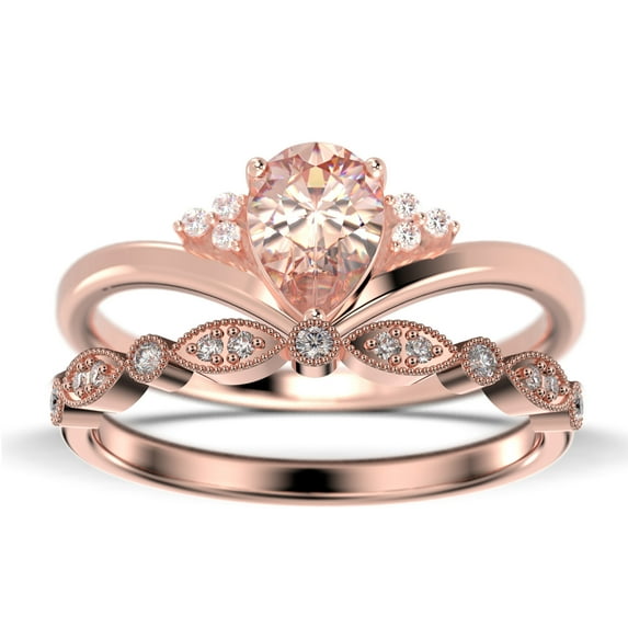 Gorgeous Minimalist 1.75 Carat Pear Cut Morganite And Diamond Moissanite Unique Engagement Ring, Affordable Wedding Ring, One Matching Band in 925 Sterling Silver With 18k Rose Gold Plating