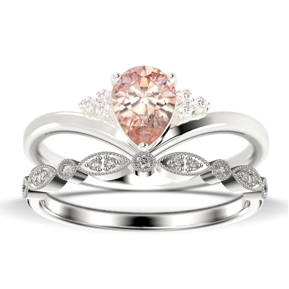Gorgeous Minimalist 1.75 Carat Pear Cut Morganite And Diamond Moissanite Unique Engagement Ring, Affordable Wedding Ring, One Matching Band In 10K Solid White Gold Gift For Her Love, Bridal Ring Set