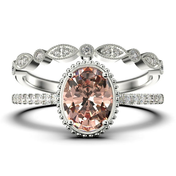 Gorgeous Minimalist 2.00 Carat Oval Cut Morganite And Diamond Moissanite Engagement Ring, Floral Wedding Ring, One Matching Band in 10k Solid White Gold, Gift For Her, Promise Ring, Anniversary Ring