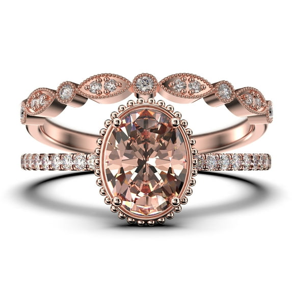 Gorgeous Minimalist 2.00 Carat Oval Cut Morganite And Diamond Moissanite Engagement Ring, Floral Wedding Ring, One Matching Band In 10K Solid Rose Gold, Gift For Her, Promise Ring, Anniversary Ring