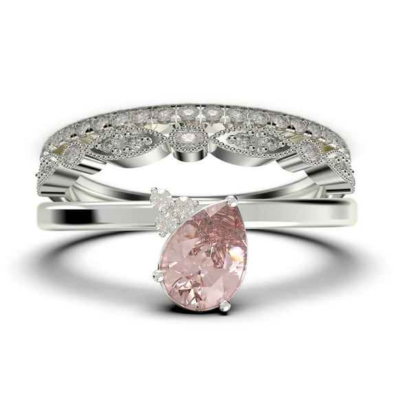 Gorgeous Minimalist 2.15 Carat Pear Cut Classic Morganite And Diamond Moissanite Engagement Ring, Wedding Ring, Two Matching Band in 925 Sterling Silver With 18k White Gold Plating, Gift For Her