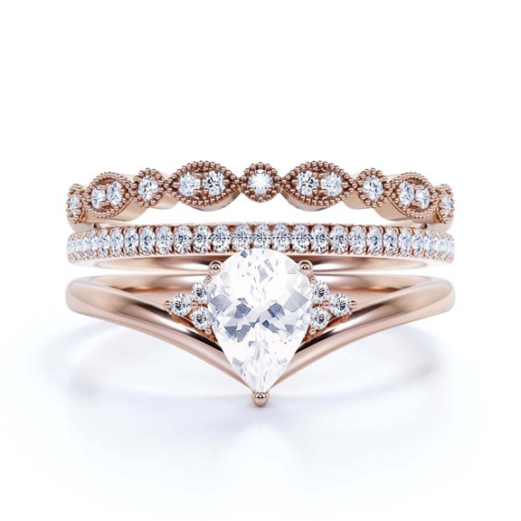 Gorgeous Minimalist 2.25 Carat Pear Cut Diamond Moissanite Unique Engagement Ring, Affordable Wedding Ring, Two Matching Band in 10k Solid Rose Gold Gift For Her Love, Trio Ring Set