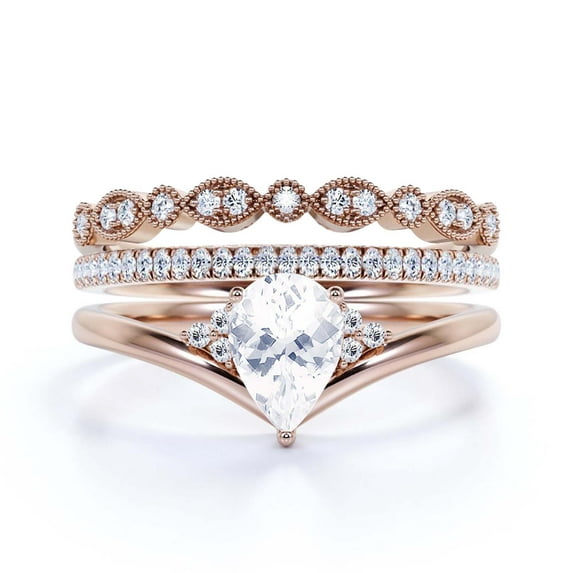 Gorgeous Minimalist 2.25 Carat Pear Cut Diamond Moissanite Unique Engagement Ring, Affordable Wedding Ring, Two Matching Band in 10k Solid Rose Gold Gift For Her Love, Trio Ring Set