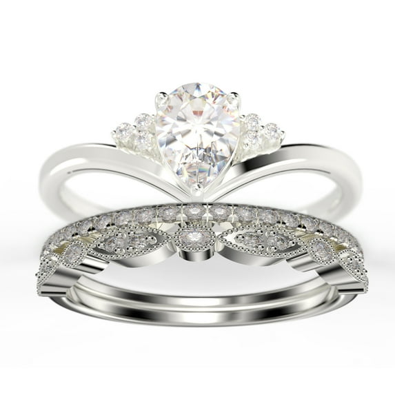 Gorgeous Minimalist 2.25 Carat Pear Cut Diamond Moissanite Unique Engagement Ring, Affordable Wedding Ring, Two Matching Band in 10k Solid White Gold Gift For Her Love, Trio Ring Set