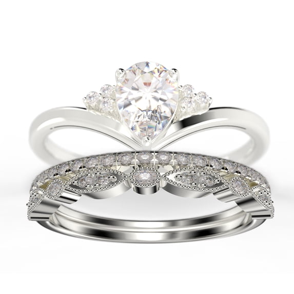Gorgeous Minimalist 2.25 Carat Pear Cut Diamond Moissanite Unique Engagement Ring, Affordable Wedding Ring, Two Matching Band in 925 Sterling Silver With 18k White Gold Plating