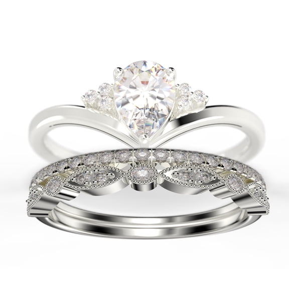 Gorgeous Minimalist 2.25 Carat Pear Cut Diamond Moissanite Unique Engagement Ring, Affordable Wedding Ring, Two Matching Band in 925 Sterling Silver With 18k White Gold Plating