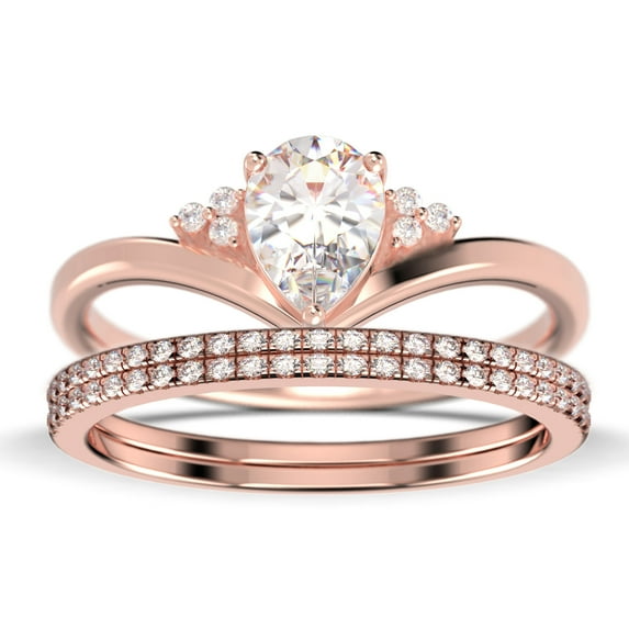 Gorgeous Minimalist 2.25 Carat Pear Cut Diamond Moissanite Unique Engagement Ring, Affordable Wedding Ring, Two Matching Band In 10K Solid Rose Gold Gift For Her Love, Trio Ring Set