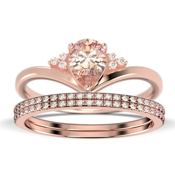 Gorgeous Minimalist 2.25 Carat Pear Cut Morganite And Diamond Moissanite Unique Engagement Ring, Affordable Wedding Ring, Two Matching Band In 10K Solid Rose Gold Gift For Her Love, Trio Ring Set