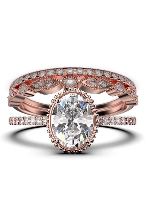 Gorgeous Minimalist 2.50 Carat Oval Cut Diamond Moissanite Engagement Ring, Floral Wedding Ring, Two Matching Band in 925 Sterling Silver With 18k Rose Gold Plating, Gift For Her