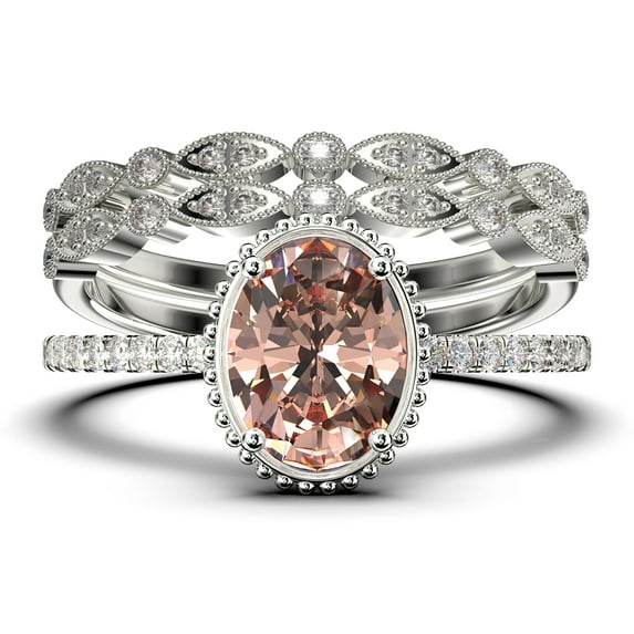 Gorgeous Minimalist 2.50 Carat Oval Cut Morganite And Diamond Moissanite Engagement Ring, Floral Wedding Ring, Two Matching Band in 10k Solid White Gold, Gift For Her, Promise Ring, Anniversary Ring
