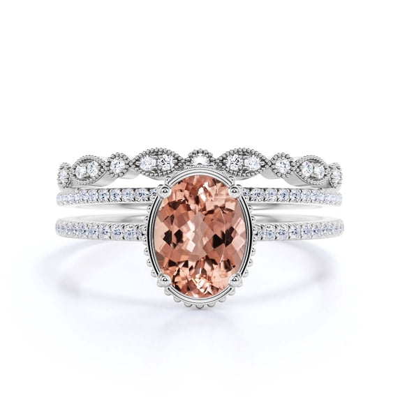 Gorgeous Minimalist 2.50 Carat Oval Cut Morganite And Diamond Moissanite Engagement Ring, Floral Wedding Ring, Two Matching Band in 10k Solid White Gold, Gift For Her, Promise Ring, Anniversary Ring