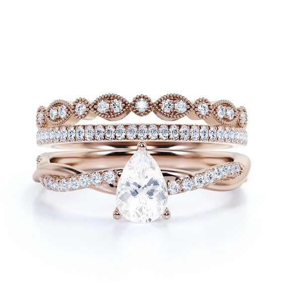 Gorgeous Minimalist Art Deco 2.25 Carat Pear Cut Authentic Diamond Moissanite Engagement Ring, Two Matching Band, Twisted Band Wedding Ring in 10k Solid Rose Gold Gift For Her, Promise Ring