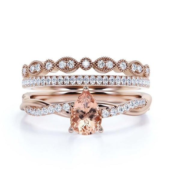 Gorgeous Minimalist Art Deco 2.25 Carat Pear Cut Authentic Morganite And Diamond Moissanite Engagement Ring, Two Matching Band, Twisted Band Wedding Ring in 10k Solid Rose Gold Gift For Her