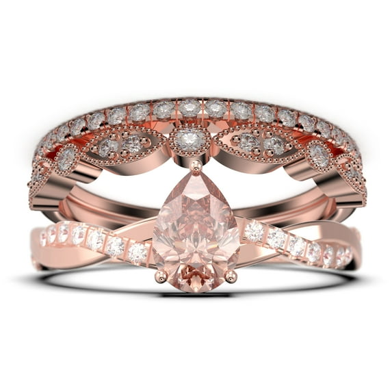 Gorgeous Minimalist Art Deco 2.25 Carat Pear Cut Authentic Morganite And Diamond Moissanite Engagement Ring, Two Matching Band, Twisted Band Wedding Ring in 10k Solid Rose Gold Gift For Her
