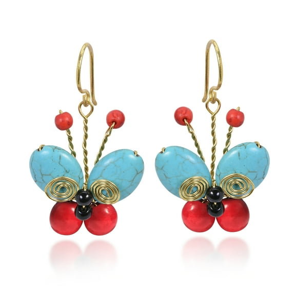 Gorgeous Mix of Colorful Stones & Brass Butterfly Dangle Earrings