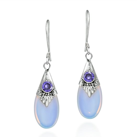Gorgeous Moonstone Teardrop Simulated Amethyst Sterling Silver Earrings