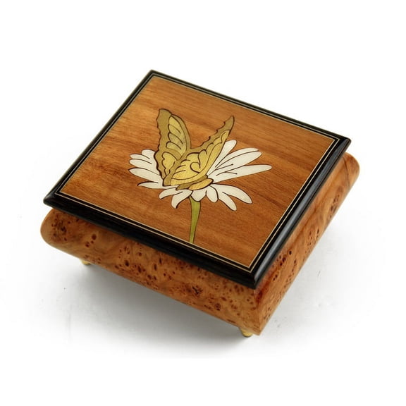 Gorgeous Natural Wood Tone Butterfly and Daisy Inlay Music Box - Away in a Manger