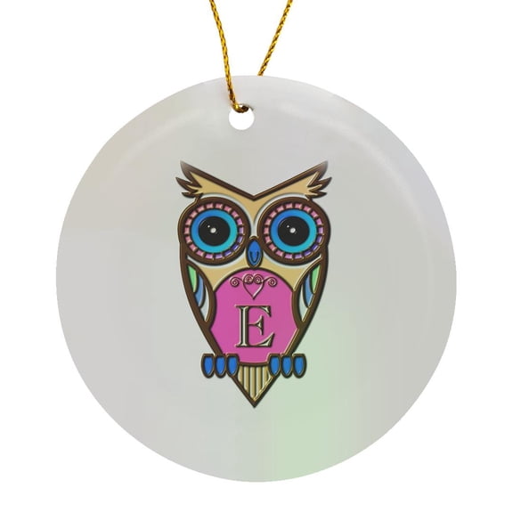 Gorgeous Pink And Blue Owl Monogram Letter E, Circle Porcelain Ornament