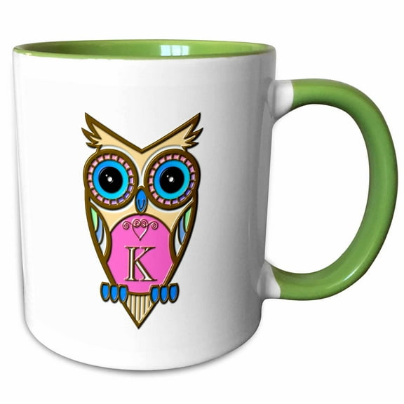 3drose, Gorgeous Pink and Blue Owl Monogram Letter K, 11oz Two-tone Green Mug