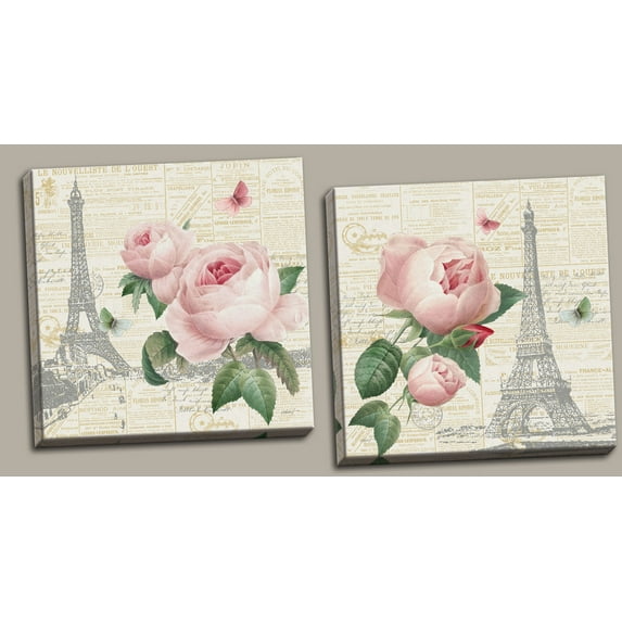Gorgeous Pink Paris Floral Rose, Butterfly and Eiffel Tower Prints by Katie Pertiet; Two 12x12in Hand-Stretched Canvases