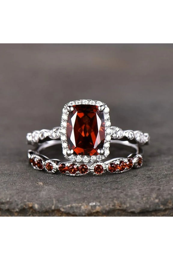 Gorgeous Red Cubic Zirconia 2Pcs Set Wedding Rings for Women Anniversary Party Temperament Elegant Lady Jewelry Gifts