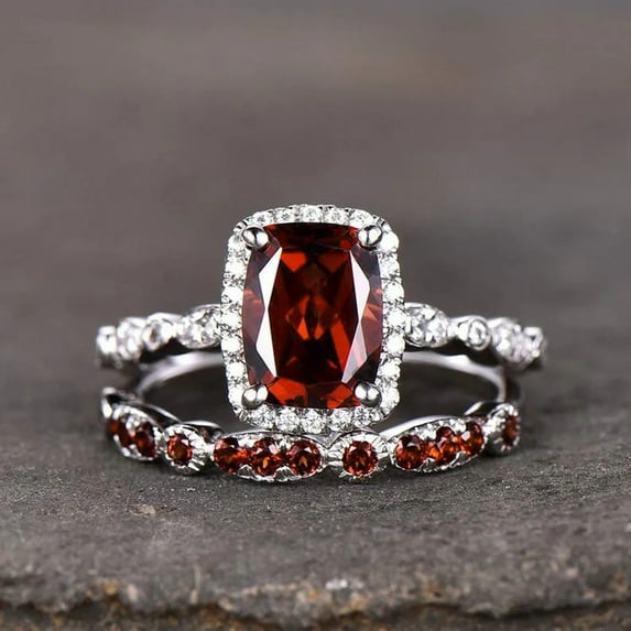 Gorgeous Red Cubic Zirconia 2Pcs Set Wedding Rings for Women Anniversary Party Temperament Elegant Lady Jewelry Gifts