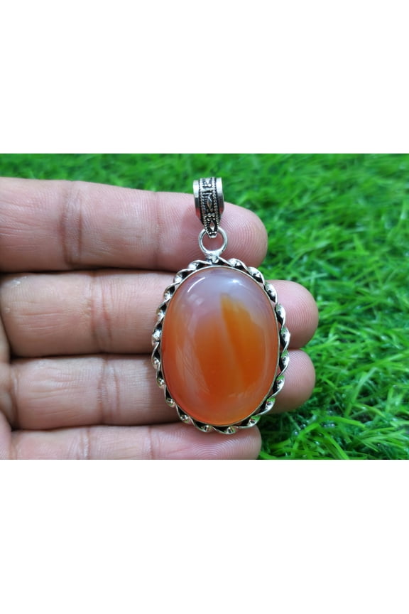 Gorgeous Red Onyx Cabochon Gemstone Handmade 925 Sterling Silver Pendant 46 mm