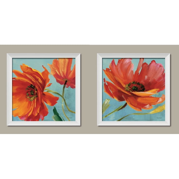 Gorgeous Red and Orange Blooming Poppy Flowers by Lisa Audit; Floral Decor; Two 12x12in White Framed Prints