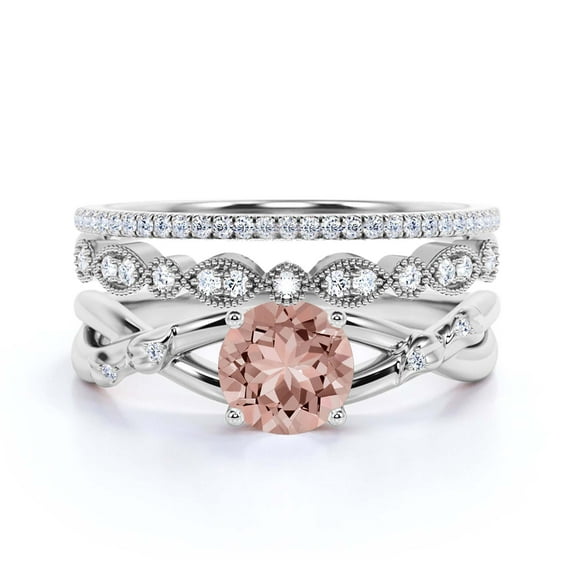 Gorgeous Rings Boho & Hippie 2.10 Carat Round Cut Morganite And Diamond Moissanite Engagement Ring, Wedding Ring, Two Matching Band In 925 Sterling Silver With 18K White Gold Plating, Promise Ring