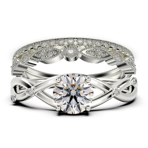 Gorgeous Rings Boho & hippie 2.10 Carat Round Cut Diamond Moissanite Engagement Ring, Wedding Ring, Two Matching Band in 925 Sterling Silver With 18k White Gold Plating, Promise Ring