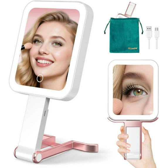 Gorgeous Rose Gold Travel Makeup Mirror: 10X/1X Magnification, 3 - Color Dimmable Light, Double - Sided for Tabletop, Handheld & Hanging Use - Perfect On - the - Go Beauty Companion