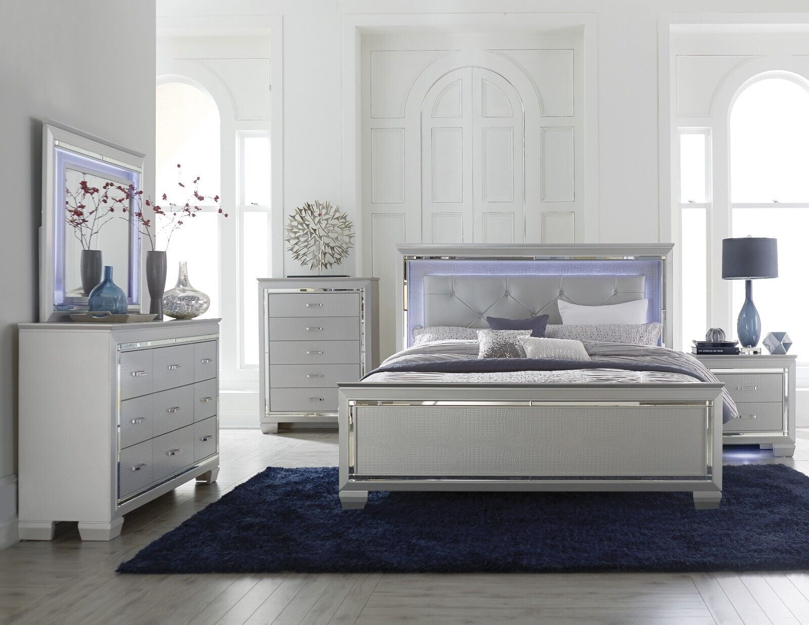 Gorgeous Silver Finish 4pc Bedroom Set Queen Size LED Bed Nightstand  Dresser Mirror LED Wooden Furniture - Walmart.com, image size:1600x1236
