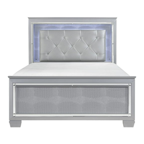 Gorgeous Silver Finish Full Size Bed Crystal-Tufted LED Headboard Bedroom Furniture