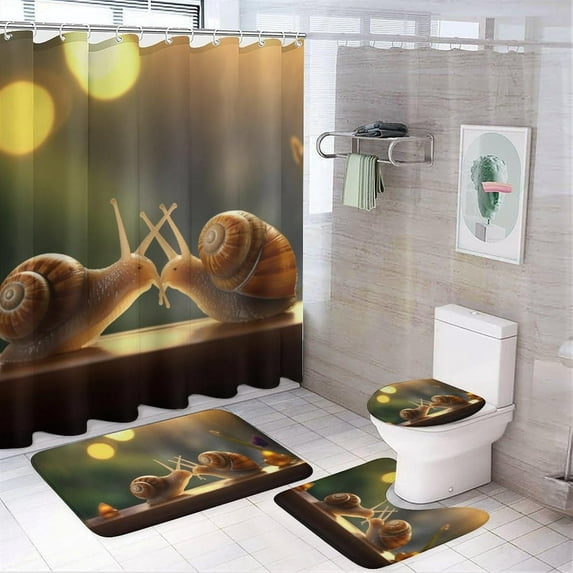 Gorgeous Snails 4 Pcs Shower Curtain Sets with Non-Slip Rugs Toilet Lid Cover and Bath Mat, Fantasy Colorful Fun Soft Animal Bathroom Decor Set Waterproof Shower Curtains with 12 Hooks